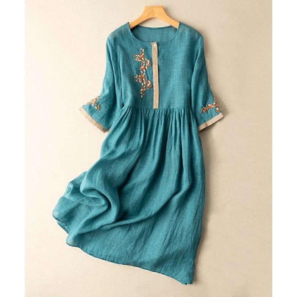 KOMILI Green Embroidered Placket A-Line Dress M